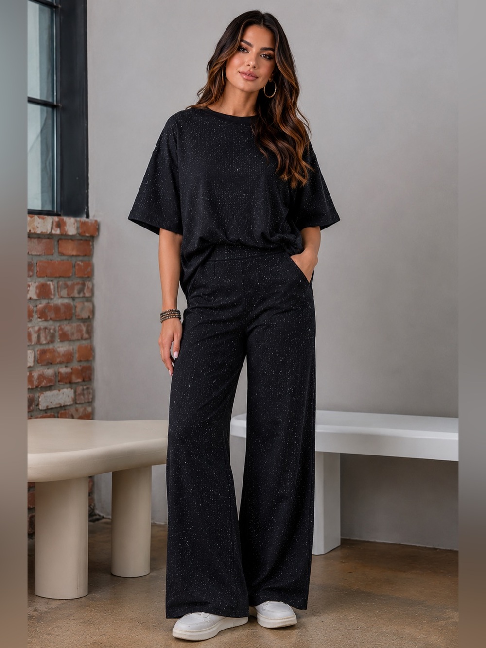 Women's Black Rhinestone Set, 10% Cotton
